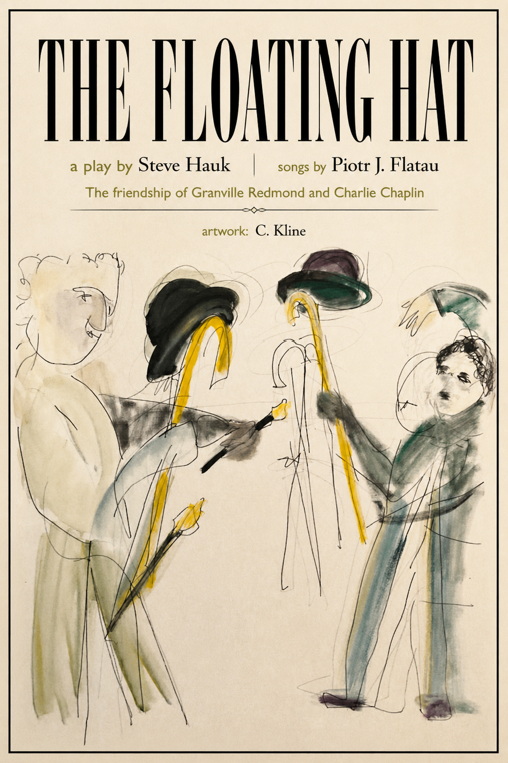 Poster for The Floating Hat featuring hand-drawn figures in bowler hats